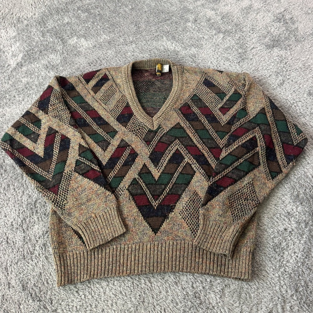 London Fog Mens Vintage V-Neck Sweater Large Multi Geometric Knit Made in USA